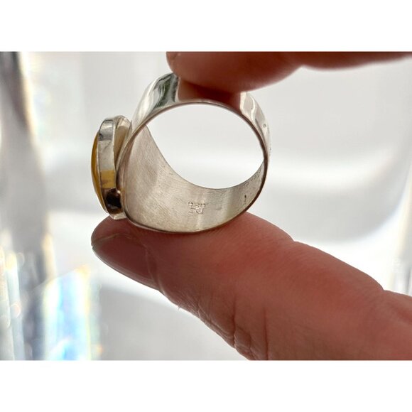 Butterscotch Natural Amber Modernist  XL 925 Sterling Silver Vintage Ring - sz 7 - Picture 6 of 11